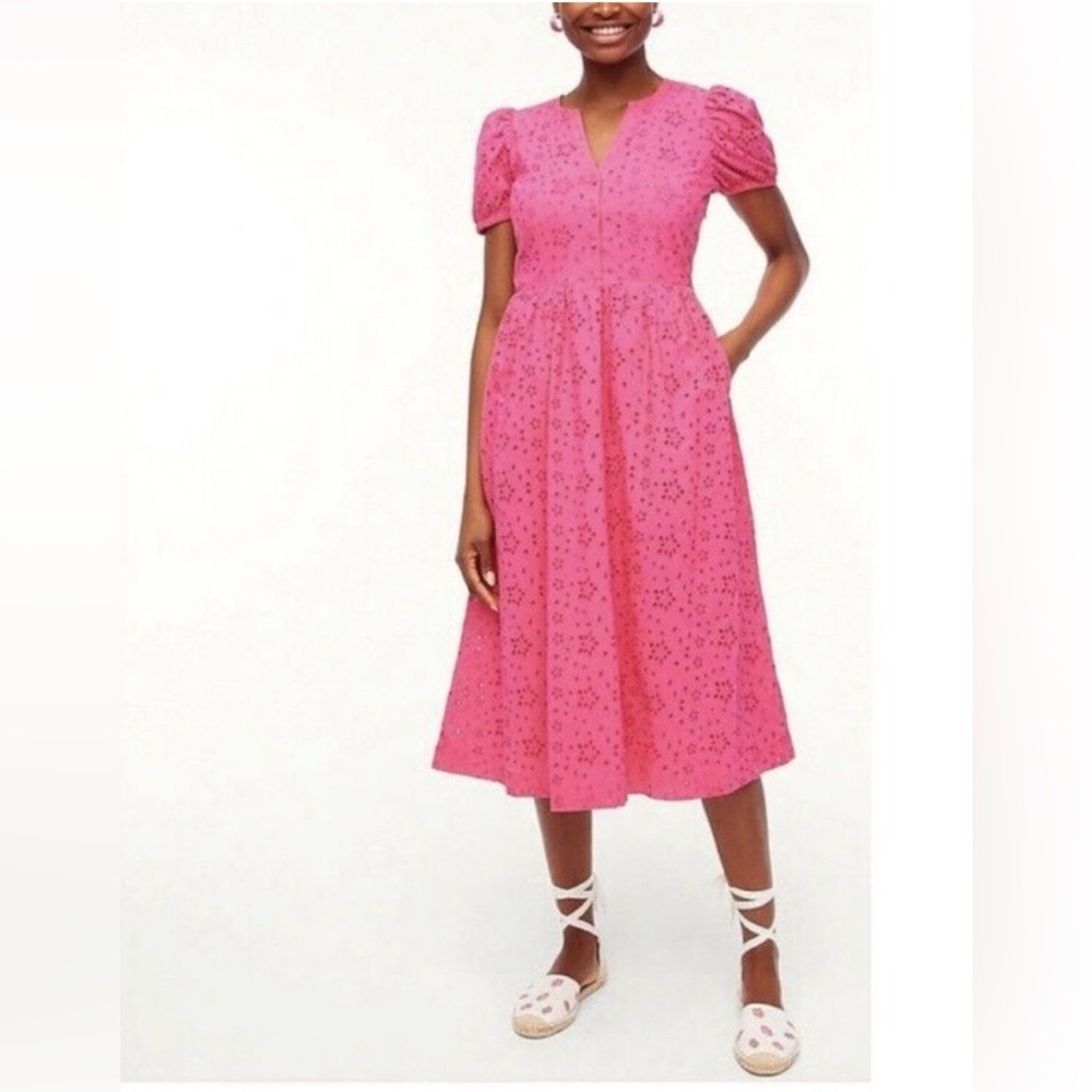 NWT! J. Crew Vibrant Pink Eyelet Puff-Sleeve Dress Size 10 Petite - Picture 2 of 12